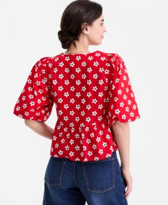 Women's  Puff-Sleeve Tie-Front Peplum Blouse