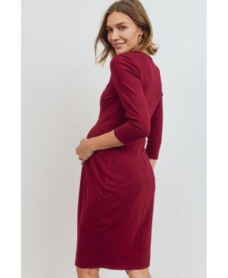 Maternity 3/4 Sleeve Round Neck Front Pleat Dress