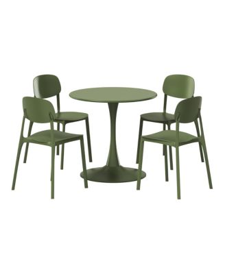 5-Piece Indoor Outdoor Metal Round Patio Dining Table Set With Stackable Resin Patio Side Chairs