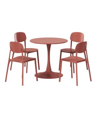 5-Piece Indoor Outdoor Metal Round Patio Dining Table Set With Stackable Resin Patio Side Chairs