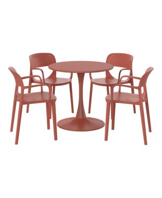 5-Piece Round Metal Bistro Dining Table Set And Stackable Resin Patio Dining Side Chairs