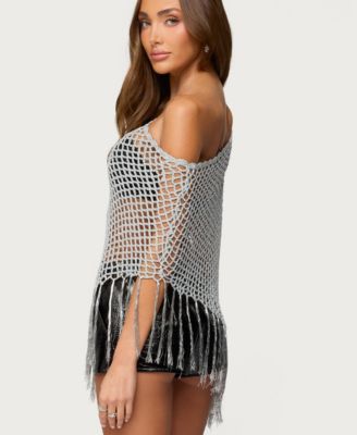 Women's Evette Fringe Open Knit Metallic Poncho