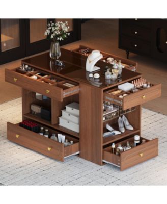 Walnut Closet Island with Drawers, Glass Top, Shelves & Jewelry Storage