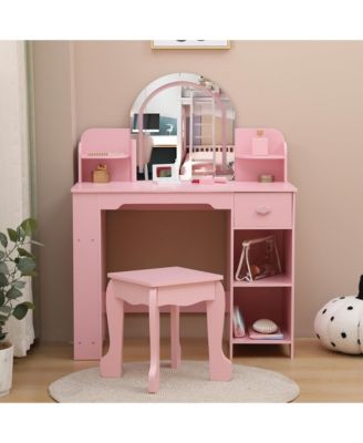 Kids Vanity with Lighted Mirror & Stool, Little Girls Vanity with Adjustable LED Light, Bookshelf