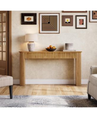 Solid Wood Console Table, 63" Long Retro Entryway Table with Vertical Fluted Stripes, Natural