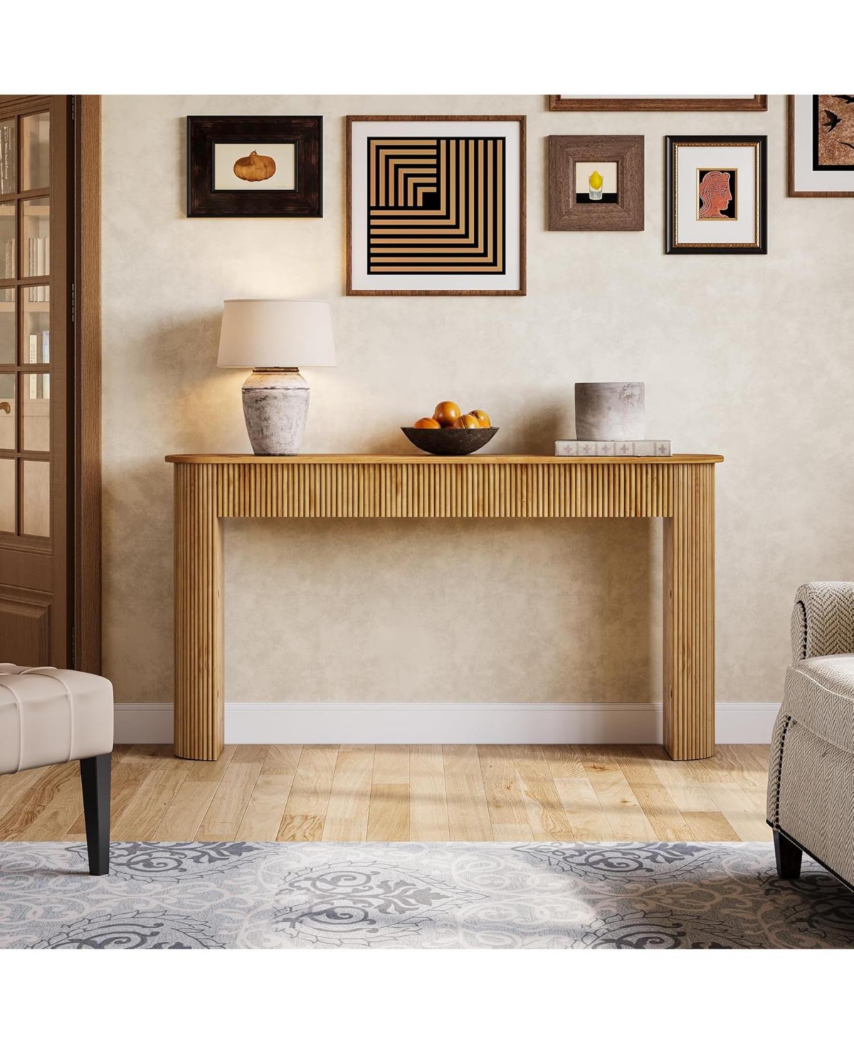 Tribesigns Solid Wood Console Table, 63" Long Retro Entryway Table with Vertical Fluted Stripes, Natural