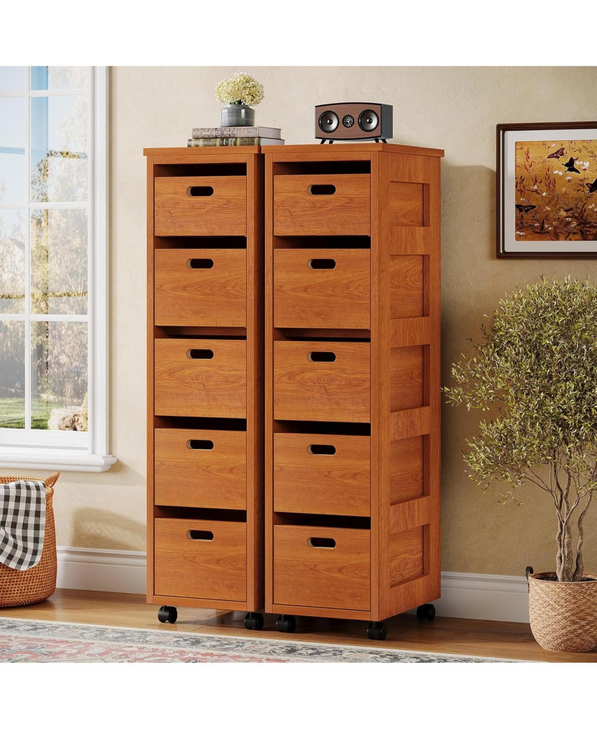 Tribesigns Slim Vertical Tower Unit with Wheels, Tall Narrow Wood Organizer Tower, Walnut Brown