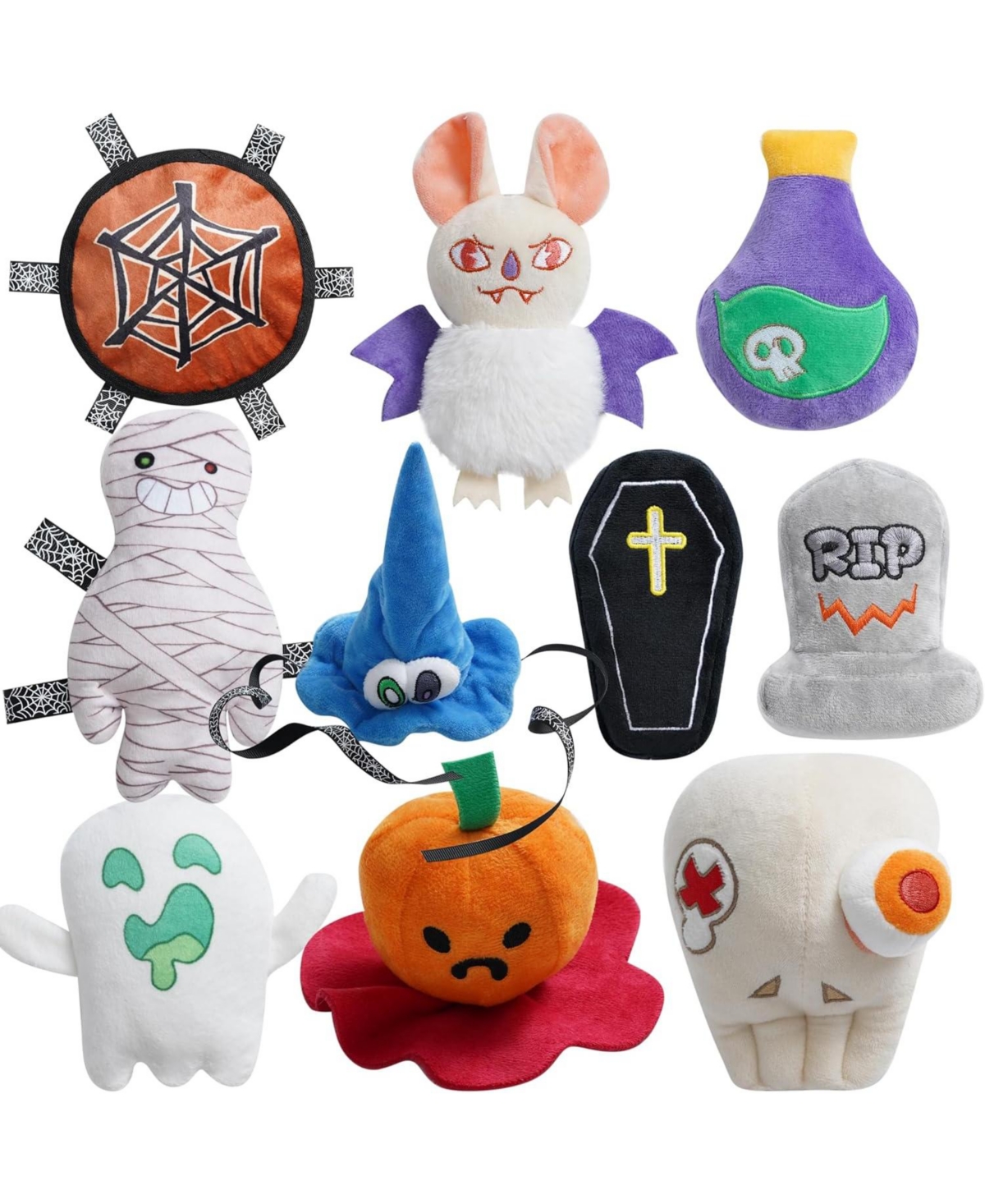Fuzzwoof 10 Pack Halloween Party Squeaky Dog Toys, Bulk Plush Toys for Spooky Season, Tag/Chew/Fetch Toys, Halloween Gifts for Small to Medium Dogs