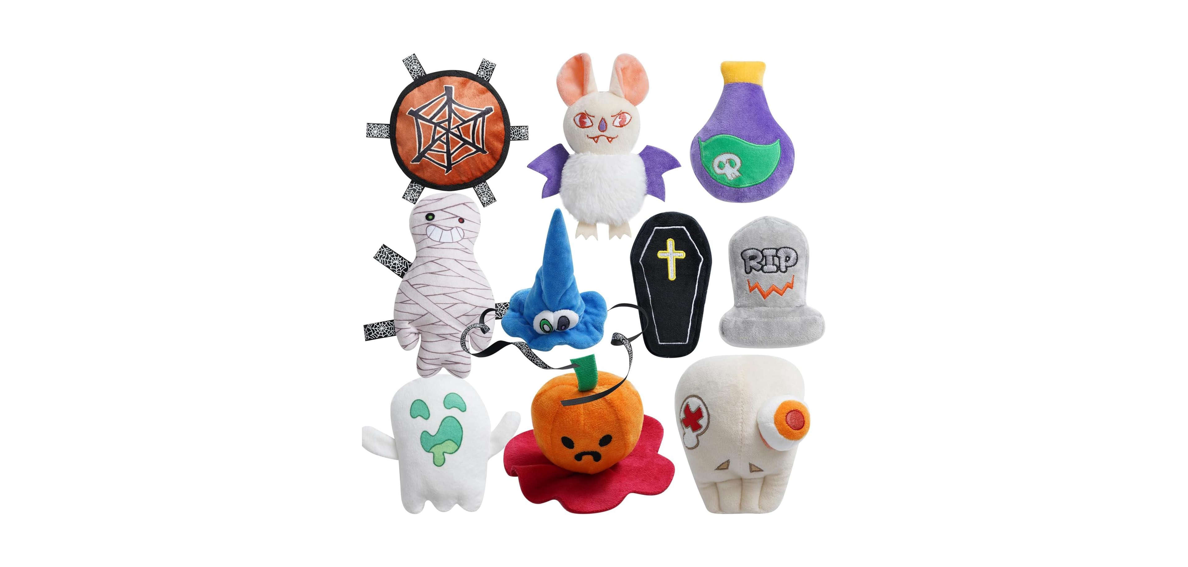 Fuzzwoof 10 Pack Halloween Party Squeaky Dog Toys, Bulk Plush Toys for Spooky Season, Tag/Chew/Fetch Toys, Halloween Gifts for Small to Medium Dogs
