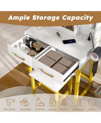 Makeup Vanity with LED Lights, Power Outlet, Drawers & Chair (White