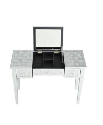 Mirrored Vanity Desk, Crushed Diamond Inlay, Flip-Top Mirror, Silver