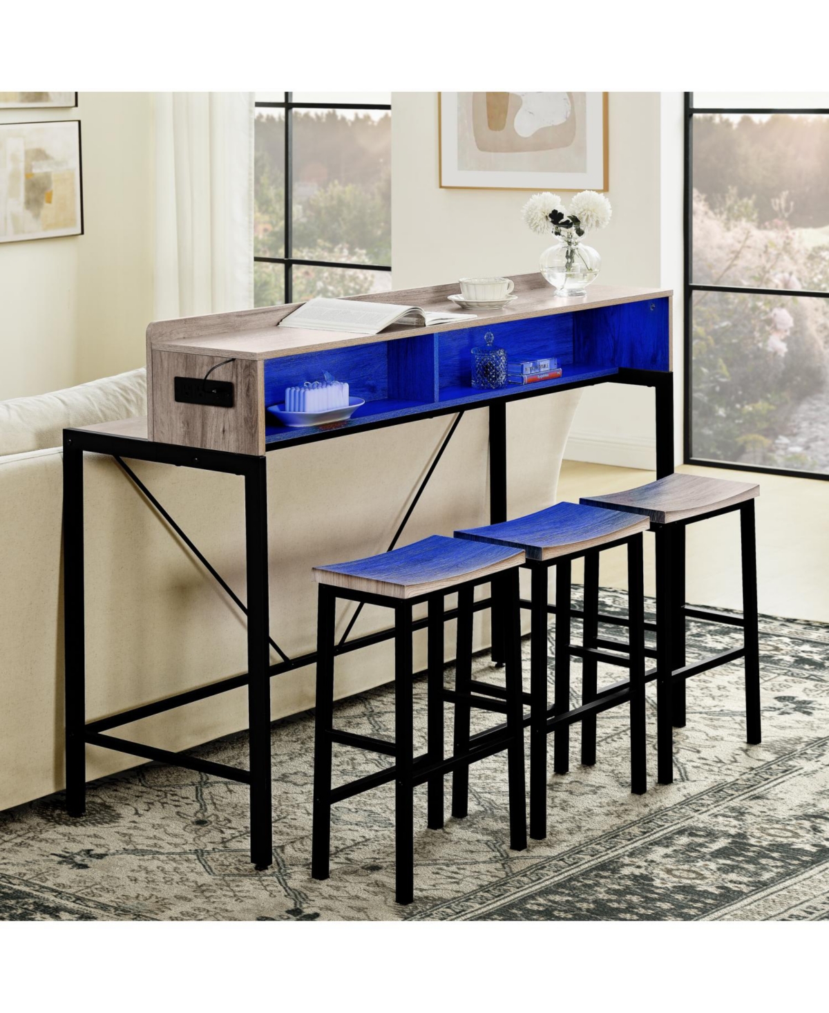 Streamdale Furniture 59" Bar Table Set with Power Led & 3 Stools