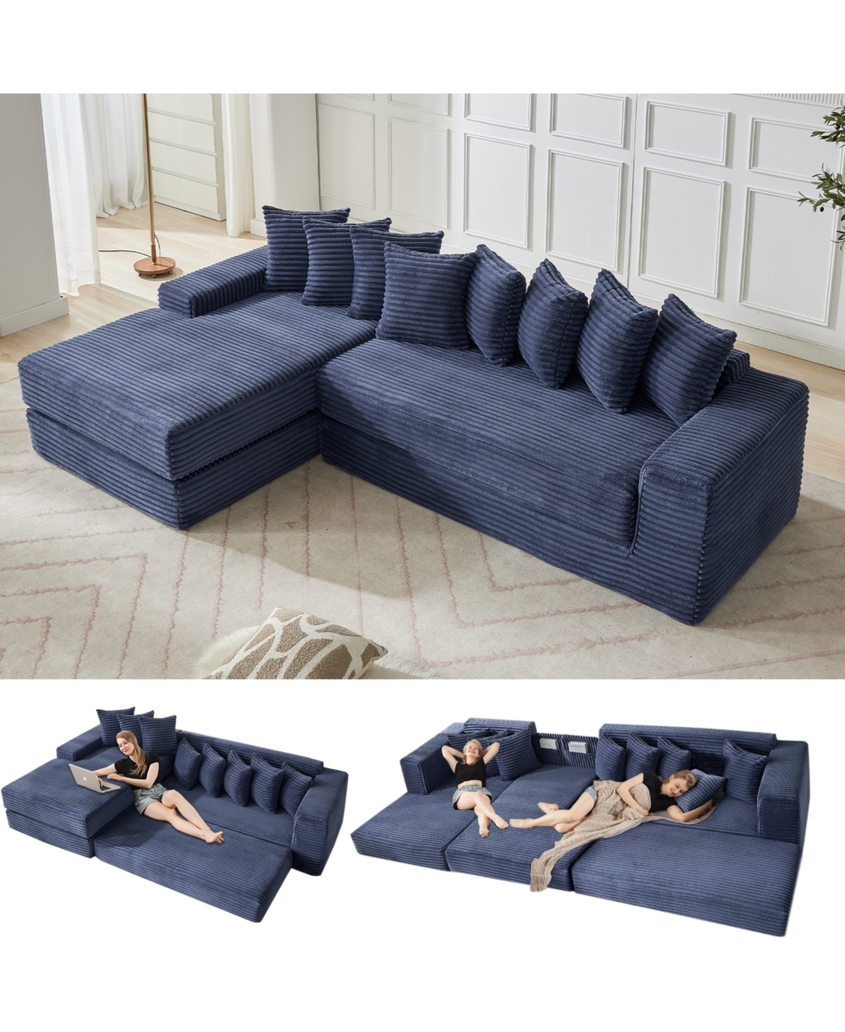 Streamdale Furniture Streamdale Oversize Cloud Couch L-Shape Sleeper Sofa Bed, 8 Pillows, Corduroy, Blue
