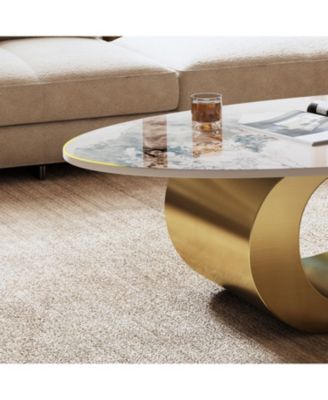 49" Faux Marble Oval Coffee Table, Gold Base