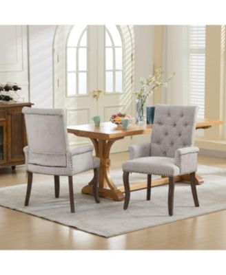 Beige Chenille Dining Chair, Tufted, Wood Legs