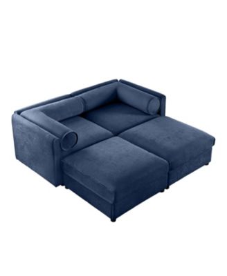 Blue Chenille 2-Seater Sofa with Storage Ottomans