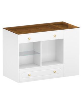 Closet Island with Drawers, Glass Top, Shelves, Jewelry Storage - White
