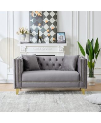 58" Chesterfield Velvet Sofa, 2 Seater, Button Nailhead, Square Arm - Grey