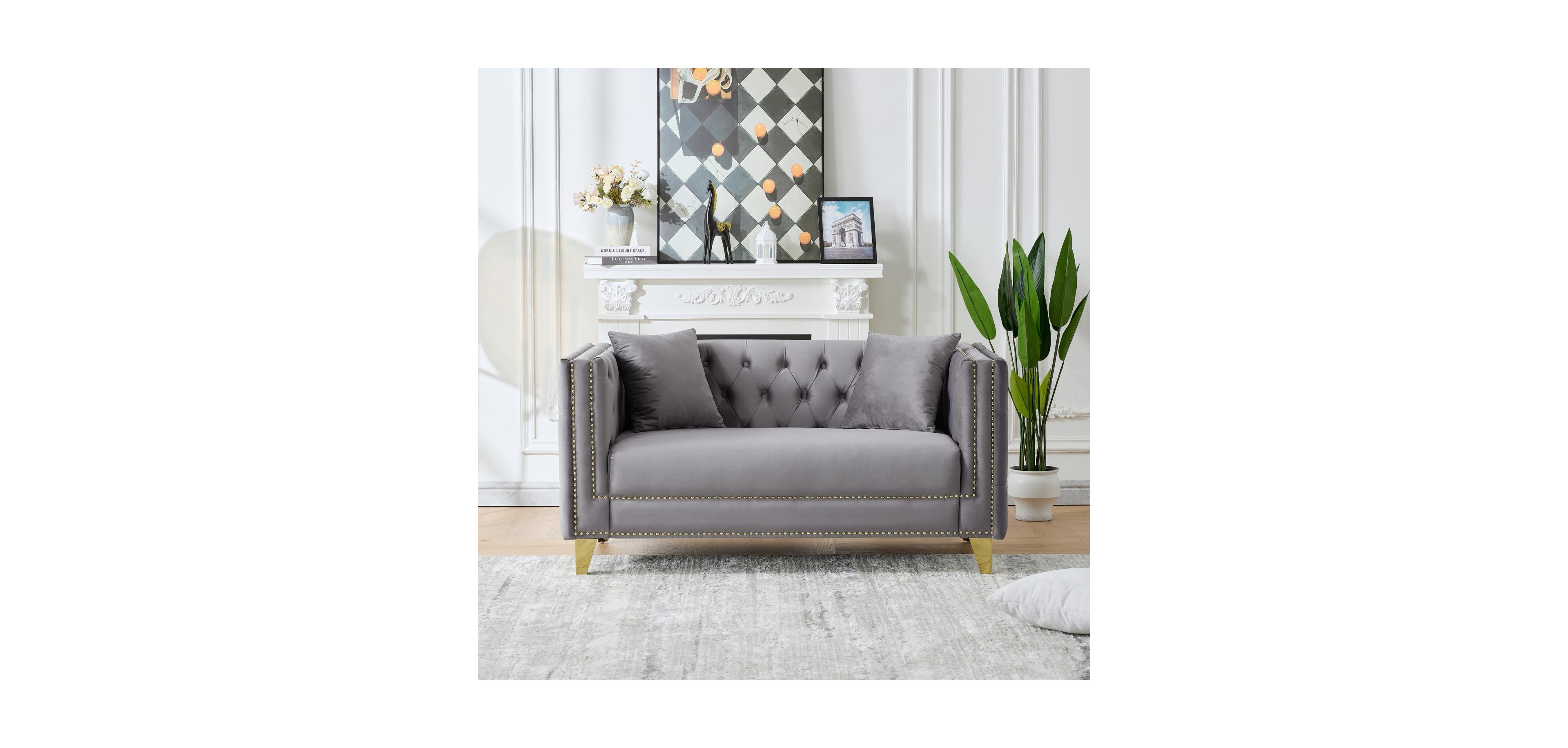 Streamdale Furniture 58" Chesterfield Velvet Sofa, 2 Seater, Button Nailhead, Square Arm - Grey