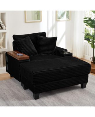 Corduroy Sofa Bed with Ottoman, Bluetooth, USB, Rotating Table
