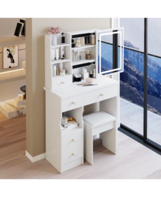 + 3-Piece Set + Wood + LED Mirror + Vanity Table