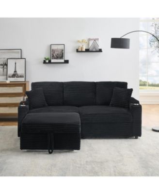  80" Corduroy Sofa with Reclining, Cup Holders & Removable Footstool, Black