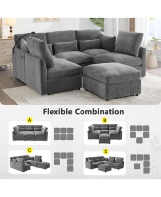  Modern Sectional Sofa U-Shaped Couch w/ Ottoman, USB & Phone Holder - Grey