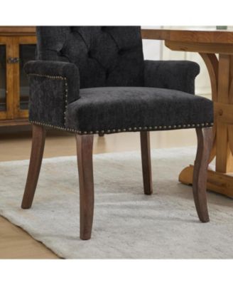 Chenille Upholstered Dining Chair, Wood Legs, Tufted, Black