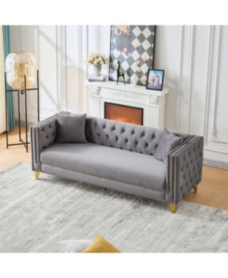 80" Chesterfield Velvet Sofa, 3-Seater, Button Nailhead, Grey
