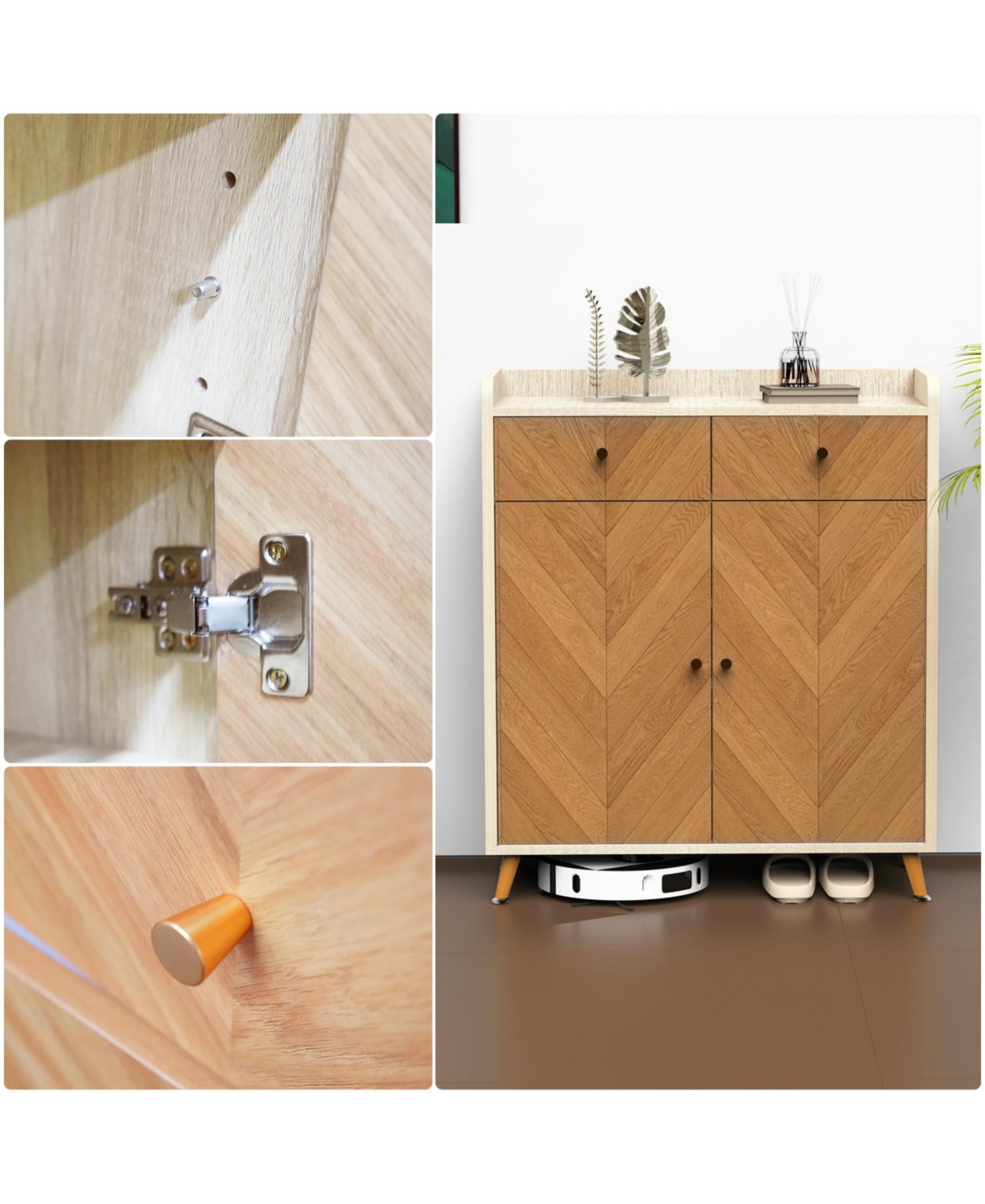 Streamdale 4-Tier Shoe Cabinet with Drawers & Doors - Herringbone Wood