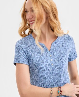 Women's Printed Short-Sleeve Henley Top
