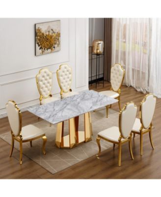 70" Faux Marble Dining Table, Mirrored Base