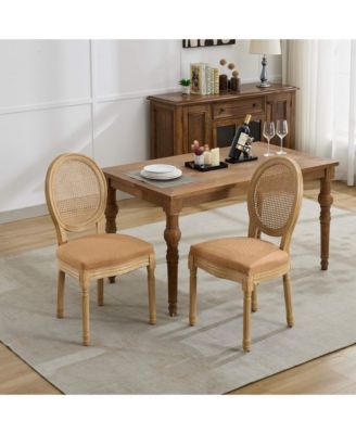 French Style Linen Rattan Dining Chairs, Set of 2, Tan