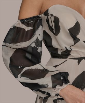 Women's Floral Print Sweetheart Neckline Puff Sleeve Gown