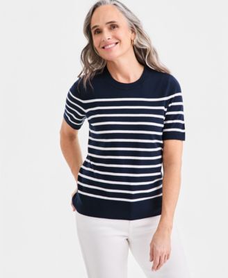 Women's Stripe Crewneck Short-Sleeve Sweater