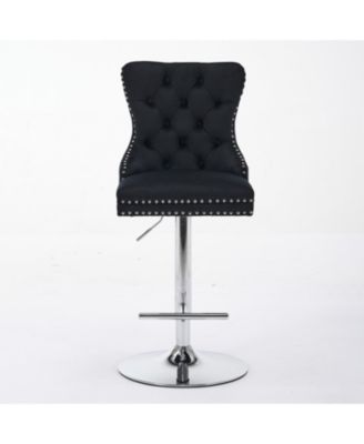 Chrome Swivel Velvet Barstools, Adjustable 25-33", Tufted, Black, Set of 2