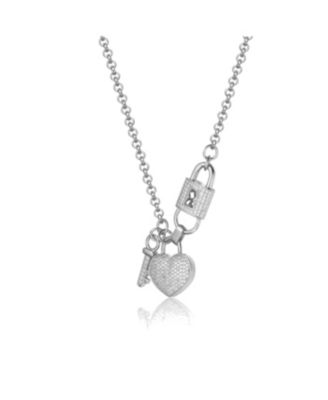Teens Sterling Silver Clear CZ Heart & Padlock Charm Necklace