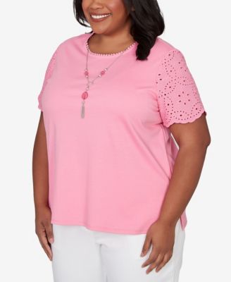 Plus Size Classic Solid Eyelet Sleeve T-Shirt with Necklace