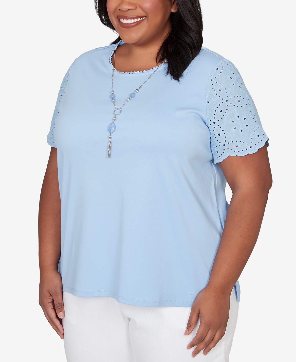 Alfred Dunner Plus Size Classic Solid Eyelet Sleeve T-Shirt with Necklace