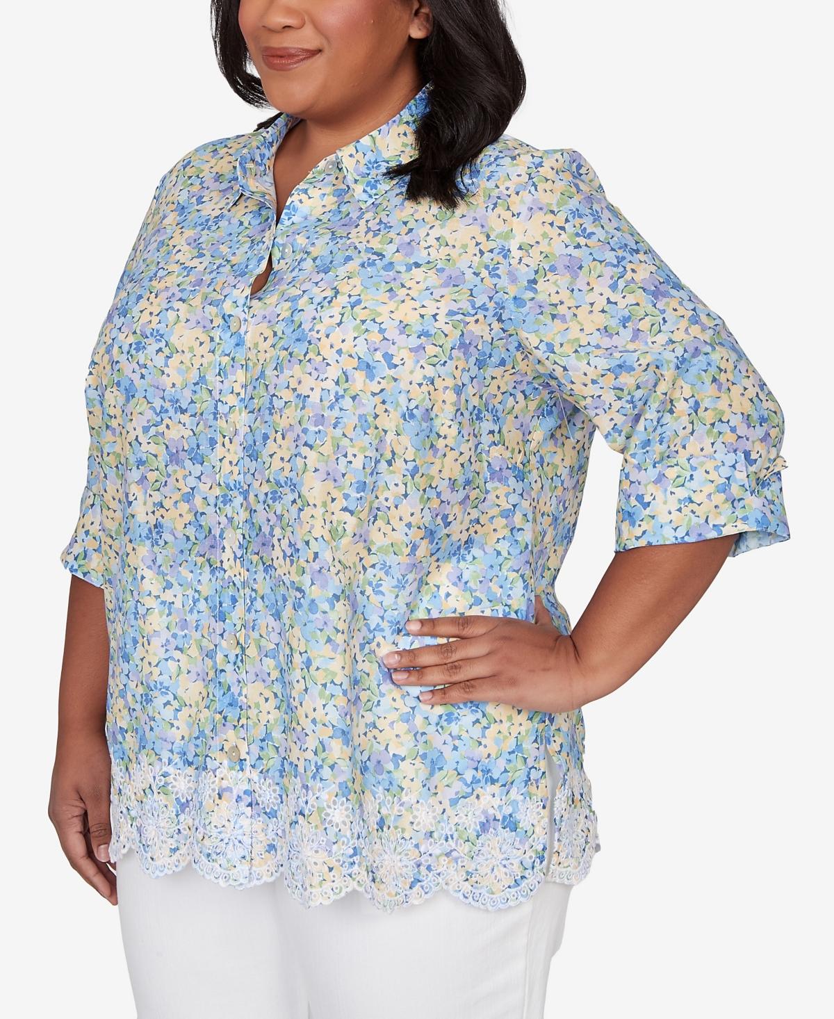 Alfred Dunner Plus Classic Embroidered Floral Border Button Down Top