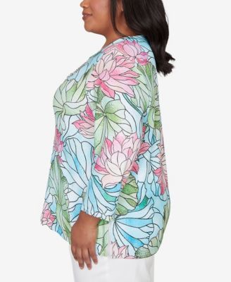 Plus Size Classic Stained Glass Floral Print Top with Necklace
