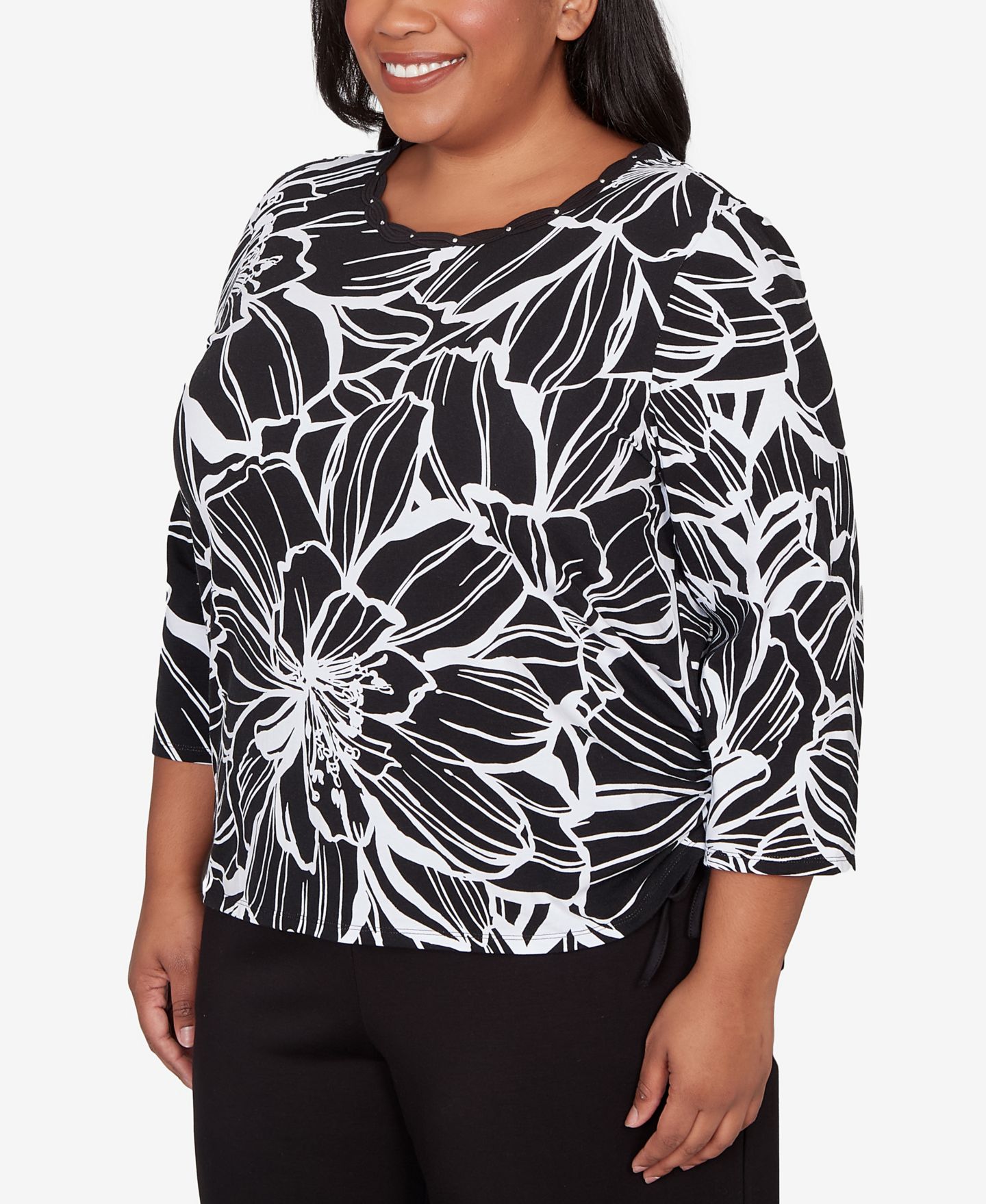 Женский топ Alfred Dunner Plus Size Classic Floral Linework Side Tie Ruched, цвет: Нейтральный разноцветный — фото 2