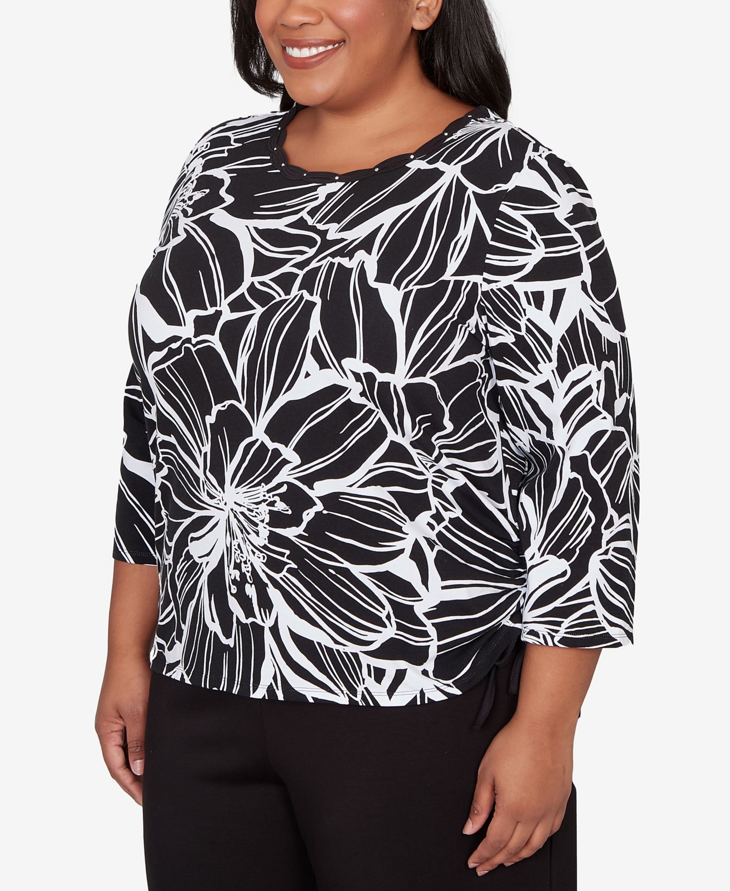 Plus Size Classic Floral Linework Side Tie Ruched Top