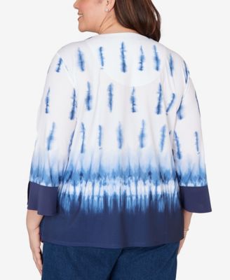 Plus Size Classic Tie Dye Border Split Neck Top