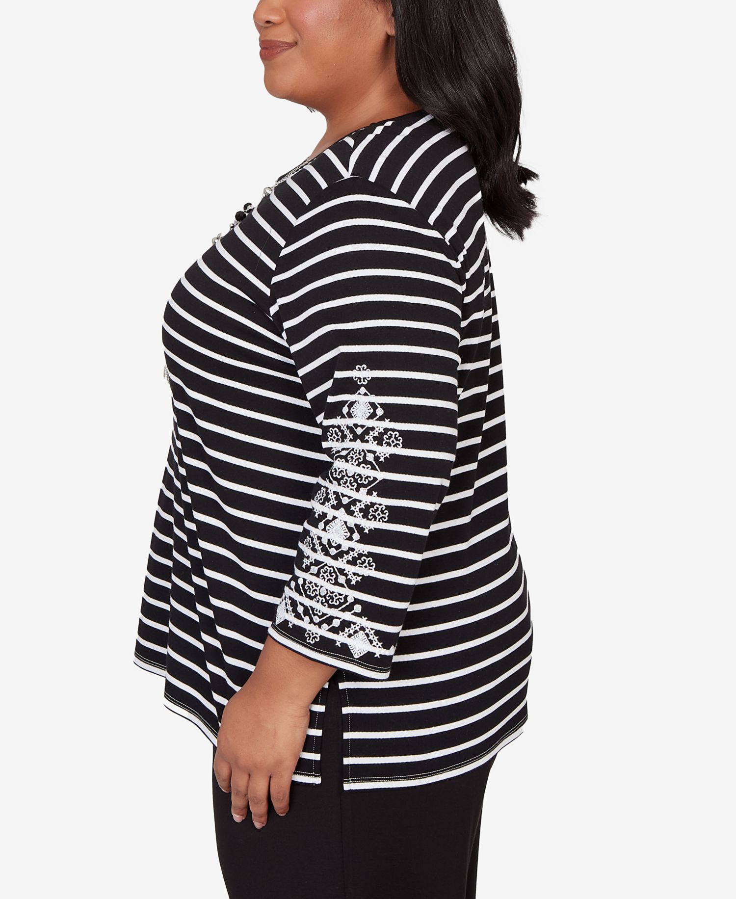 Plus Size Classic Pinstripe Embroidered Sleeve Top with Necklace