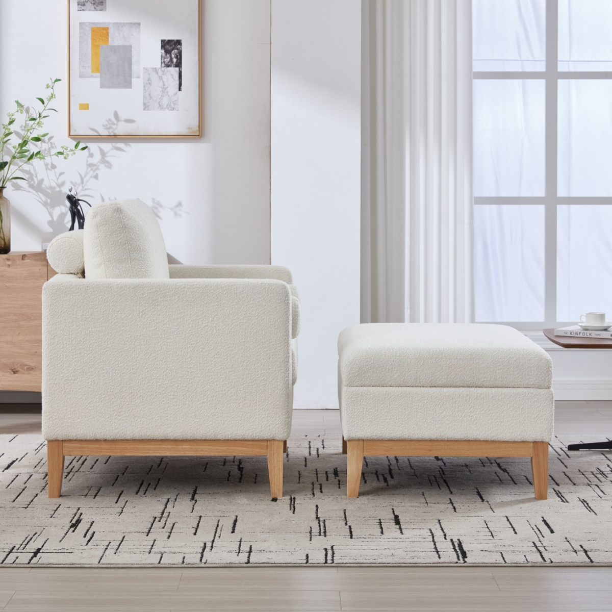 Streamdale Furniture 35.4" Farmhouse Upholstered Accent Chair with Ottoman & Coffee Table