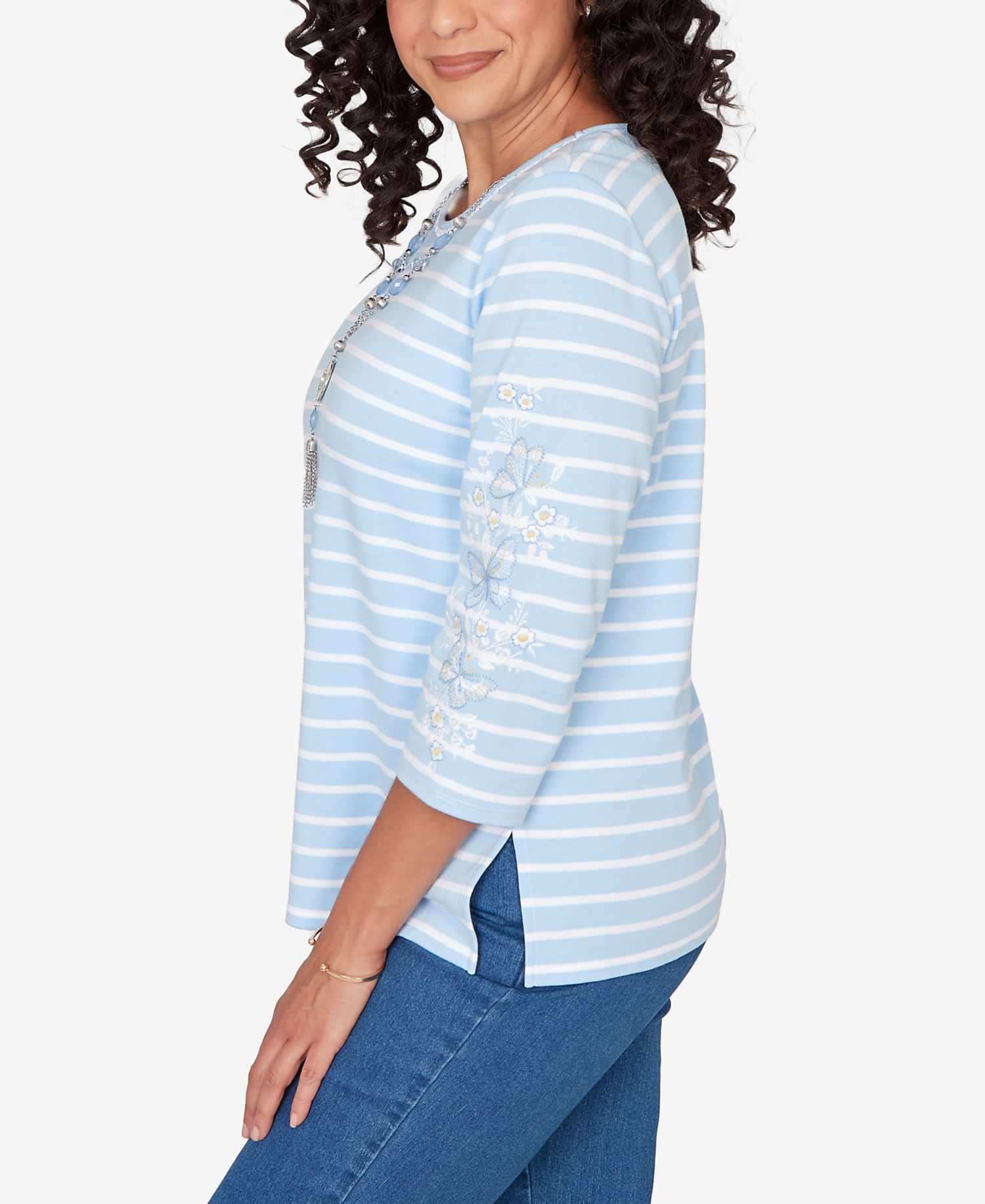 Women's Classic Stripe Cornflower Embroidered Sleeve Top with Necklace
