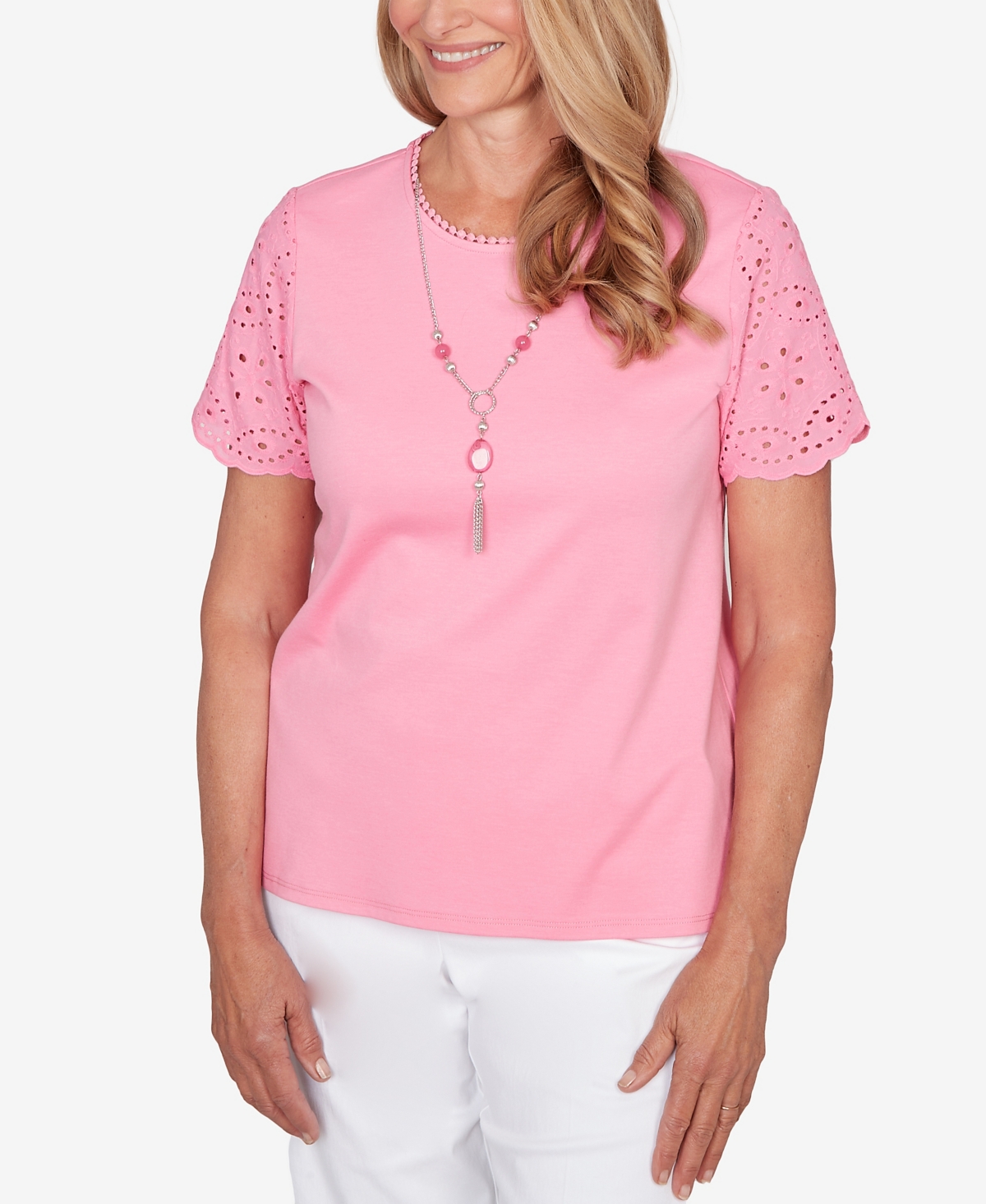 Alfred Dunner Women's Classic Solid Eyelet Sleeve T-Shirt with Necklace