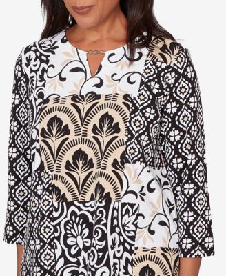 Women's Classic Geometric Scroll Patchwork Split Neck Top