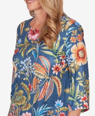 Women's Classic Floral Print Pointed Hem Top with Necklace